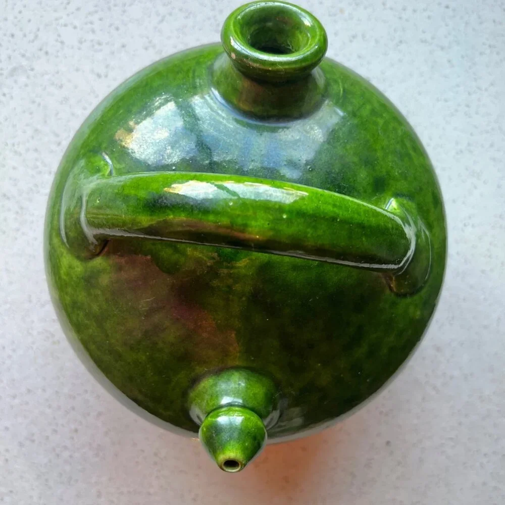 Handcrafted Green Glazed & Terracotta Clay French Gargoulette Confit Oil Jug